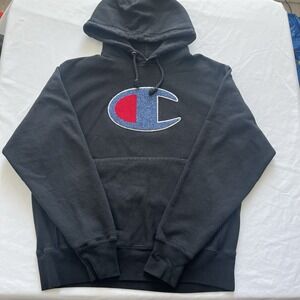 VTG Champion Reverse Weave Hoodie Mens M Black Big C Logo Pullover